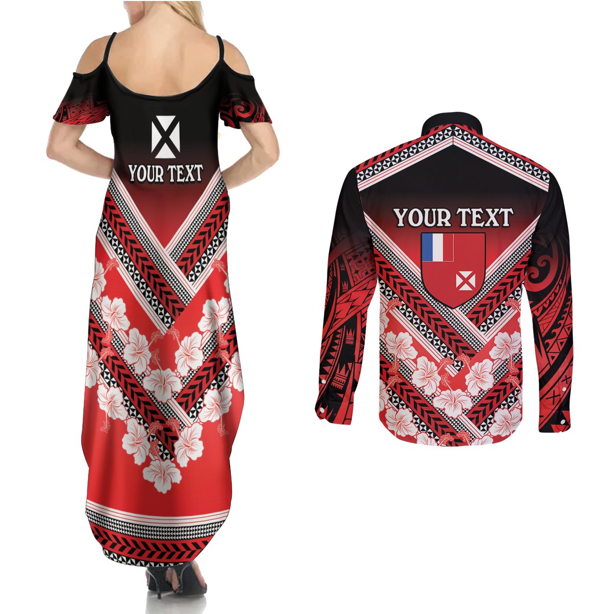 Personalised Wallis et Futuna Couples Matching Summer Maxi Dress and Long Sleeve Button Shirt Hibiscus and Polynesian Tribal Tattoos LT9 - Polynesian Pride