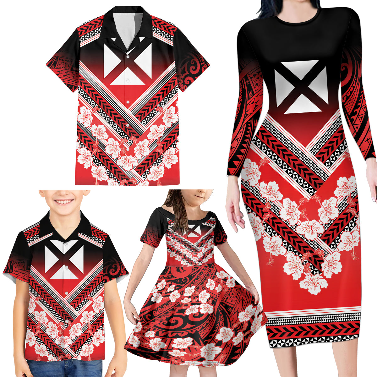 Personalised Wallis et Futuna Family Matching Long Sleeve Bodycon Dress and Hawaiian Shirt Hibiscus and Polynesian Tribal Tattoos LT9 - Polynesian Pride
