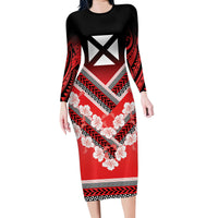 Personalised Wallis et Futuna Family Matching Long Sleeve Bodycon Dress and Hawaiian Shirt Hibiscus and Polynesian Tribal Tattoos LT9 Mom's Dress Red - Polynesian Pride