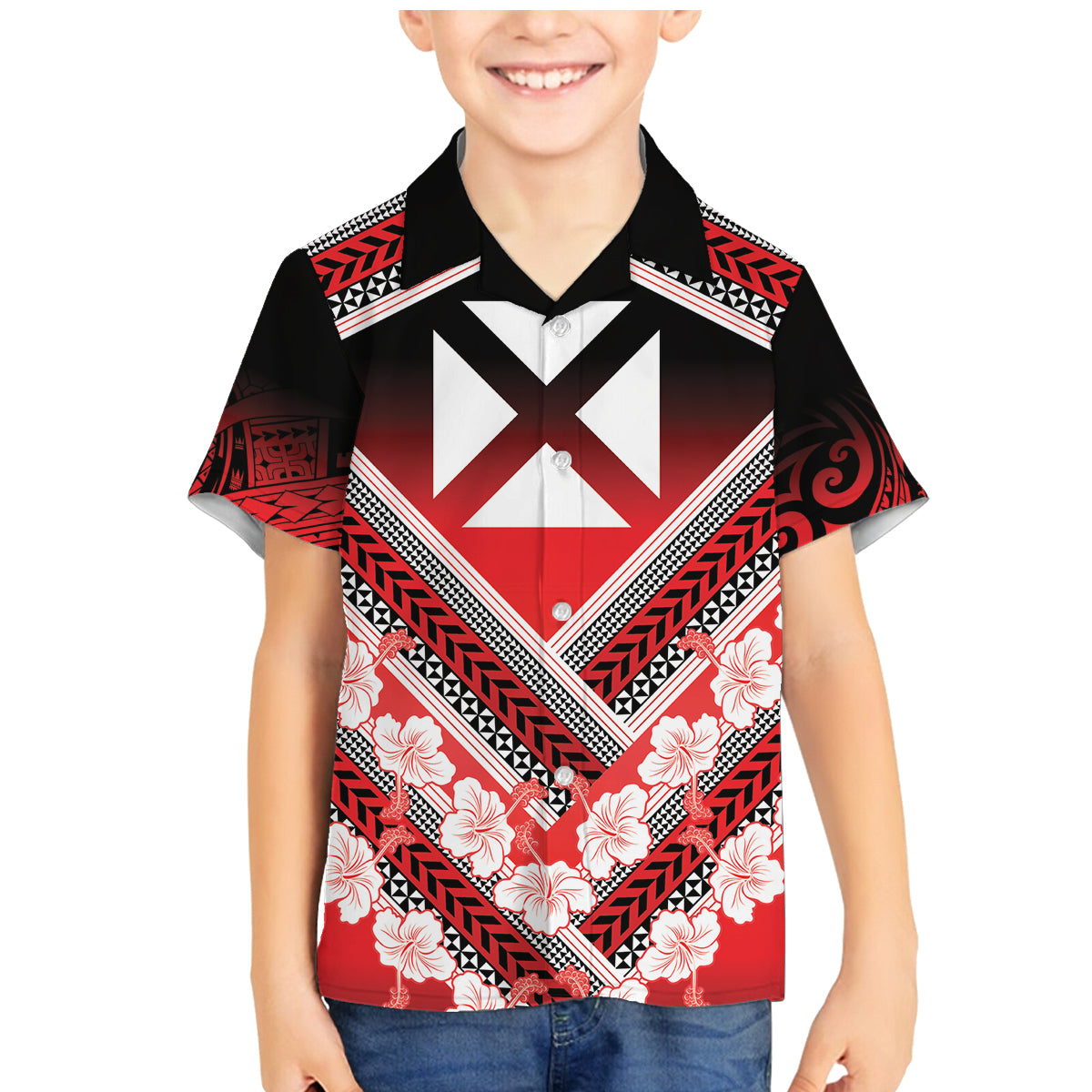 Personalised Wallis et Futuna Family Matching Mermaid Dress and Hawaiian Shirt Hibiscus and Polynesian Tribal Tattoos LT9 Son's Shirt Red - Polynesian Pride