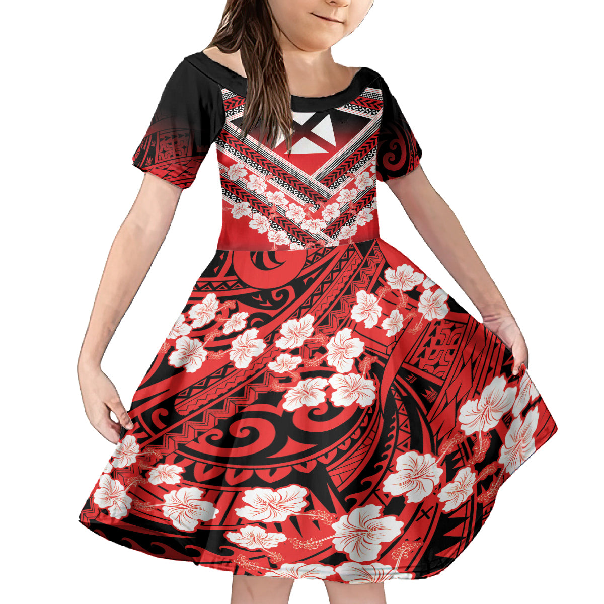 Personalised Wallis et Futuna Family Matching Off Shoulder Maxi Dress and Hawaiian Shirt Hibiscus and Polynesian Tribal Tattoos LT9 Daughter's Dress Red - Polynesian Pride