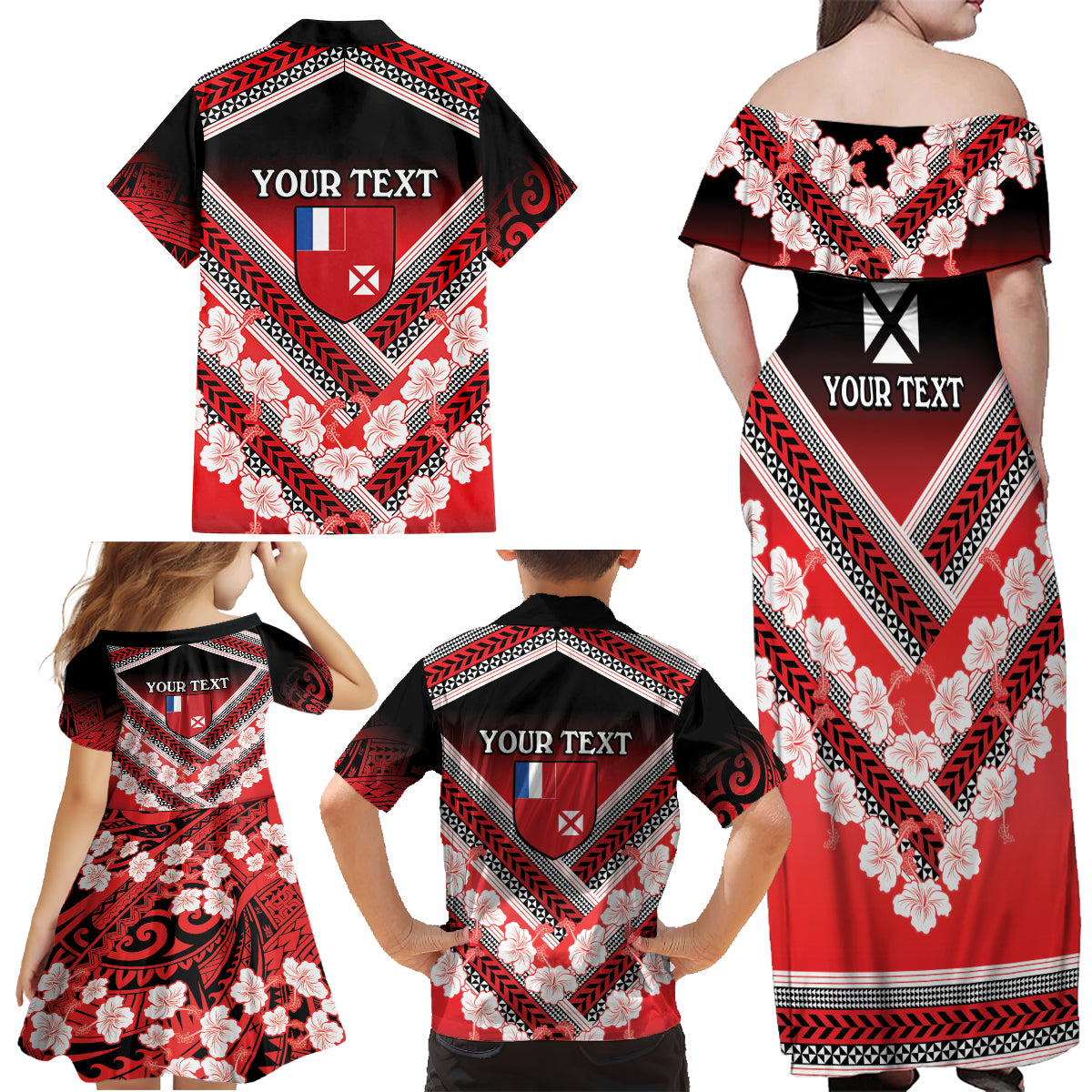 Personalised Wallis et Futuna Family Matching Off Shoulder Maxi Dress and Hawaiian Shirt Hibiscus and Polynesian Tribal Tattoos LT9 - Polynesian Pride