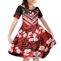 Personalised Wallis et Futuna Family Matching Puletasi and Hawaiian Shirt Hibiscus and Polynesian Tribal Tattoos LT9 Daughter's Dress Red - Polynesian Pride