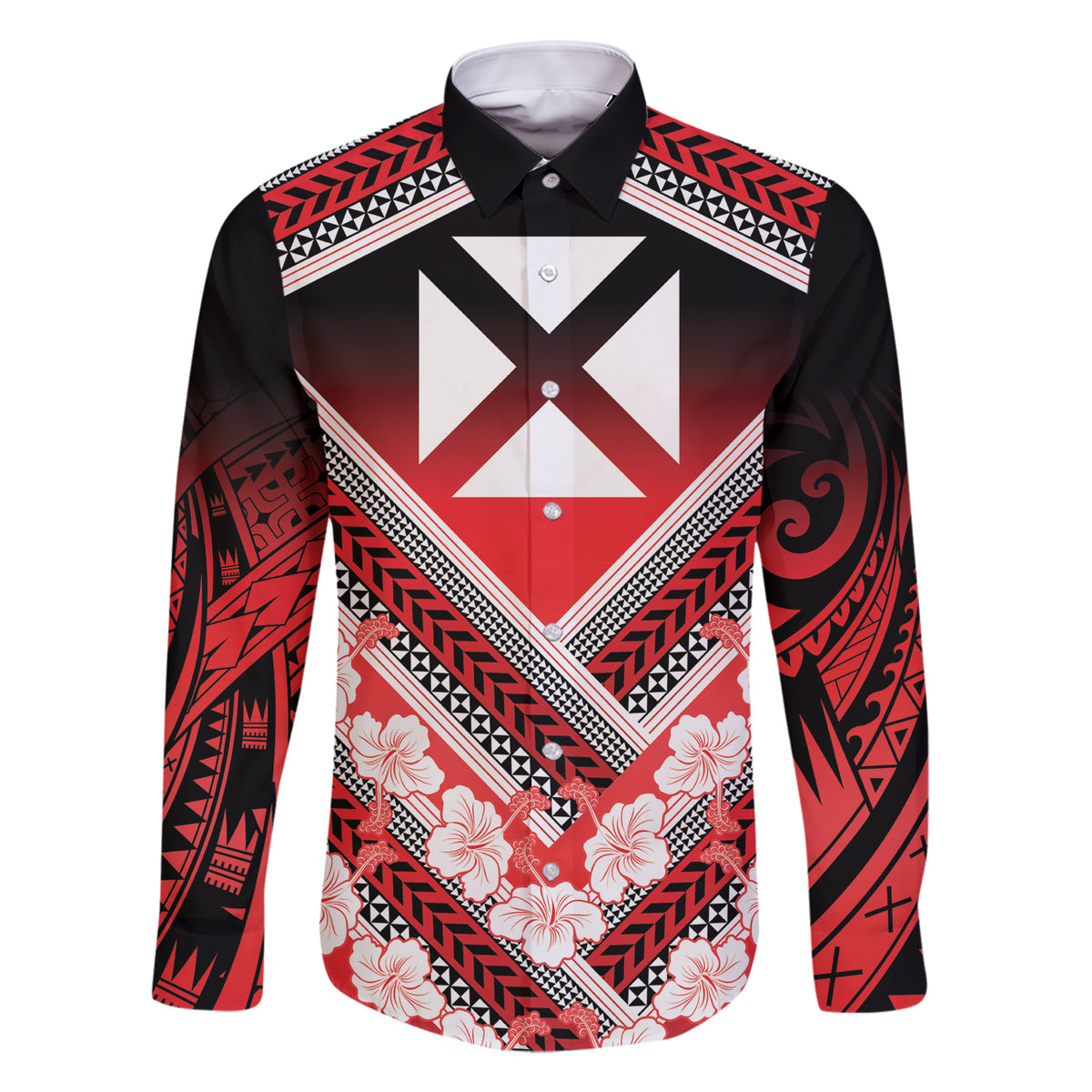 Personalised Wallis et Futuna Family Matching Short Sleeve Bodycon Dress and Hawaiian Shirt Hibiscus and Polynesian Tribal Tattoos LT9 Dad's Shirt - Long Sleeve Red - Polynesian Pride