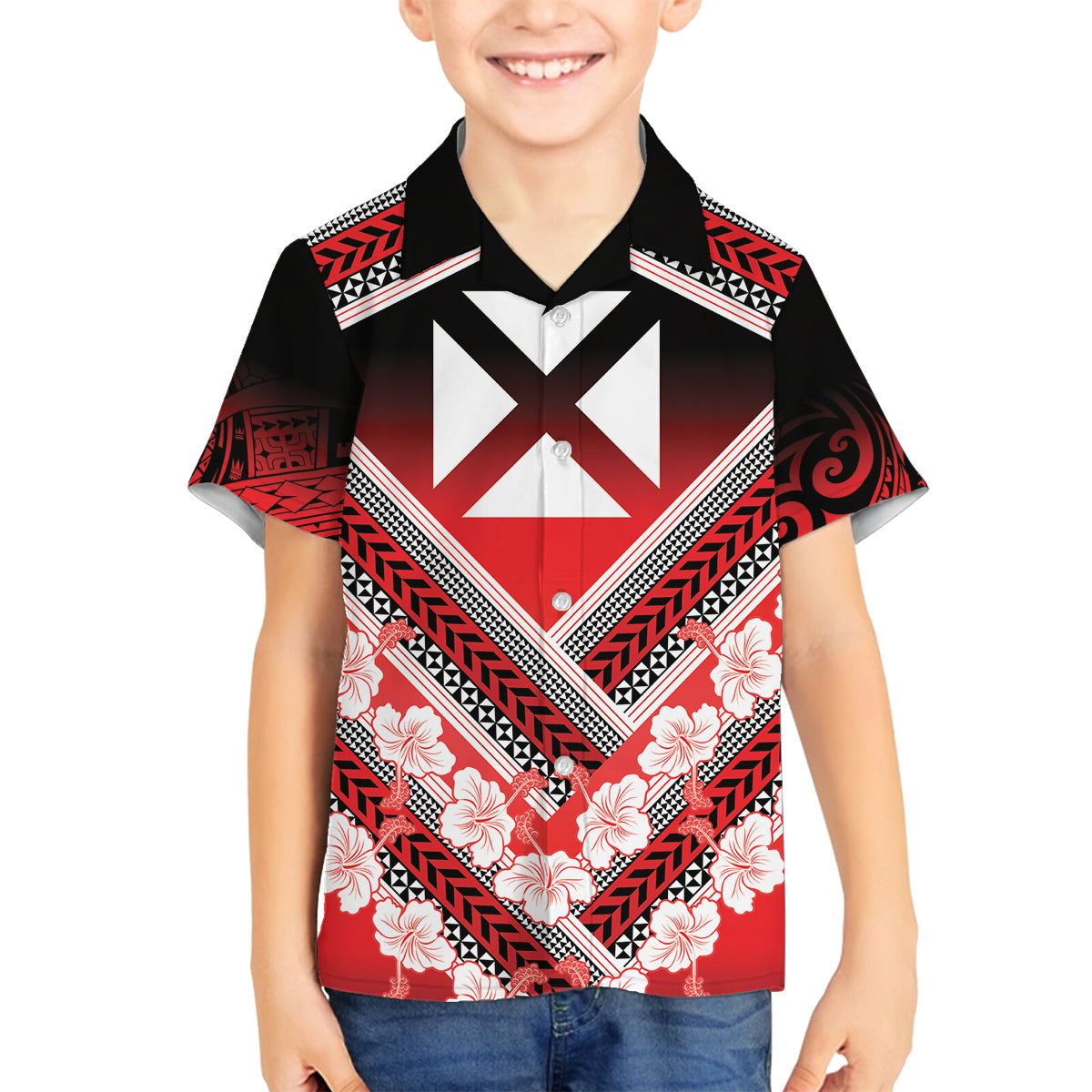 Personalised Wallis et Futuna Family Matching Summer Maxi Dress and Hawaiian Shirt Hibiscus and Polynesian Tribal Tattoos LT9 Son's Shirt Red - Polynesian Pride