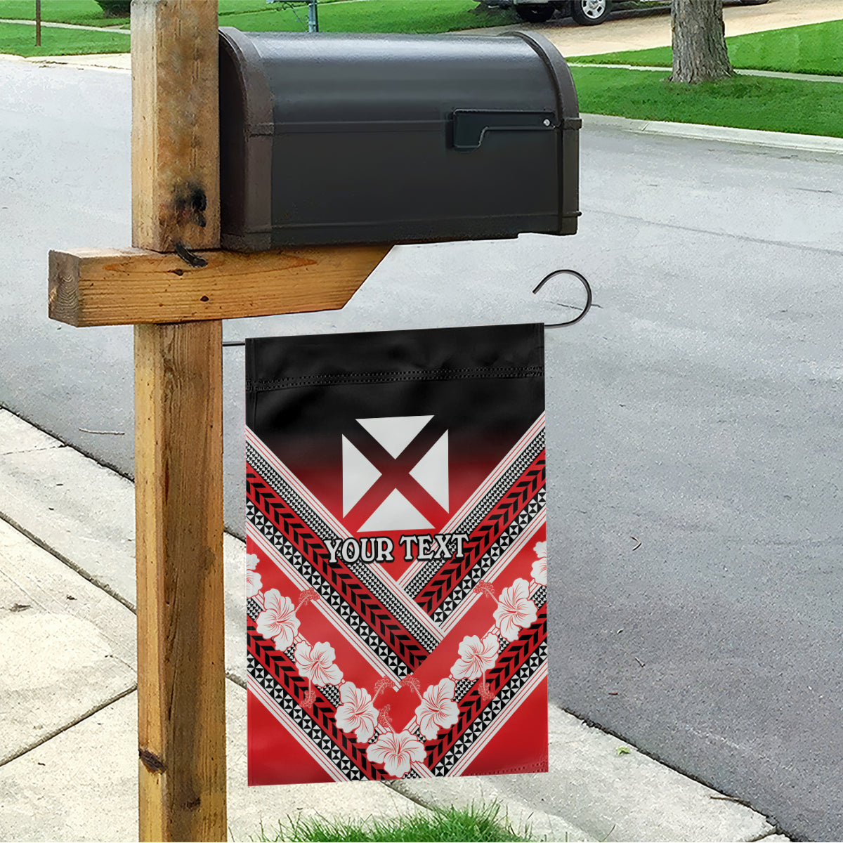 Personalised Wallis et Futuna Garden Flag Hibiscus and Polynesian Tribal Tattoos