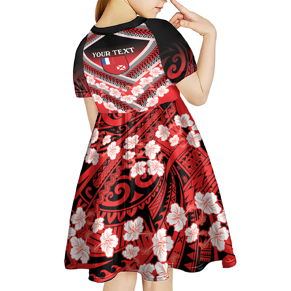 Personalised Wallis et Futuna Kid Short Sleeve Dress Hibiscus and Polynesian Tribal Tattoos