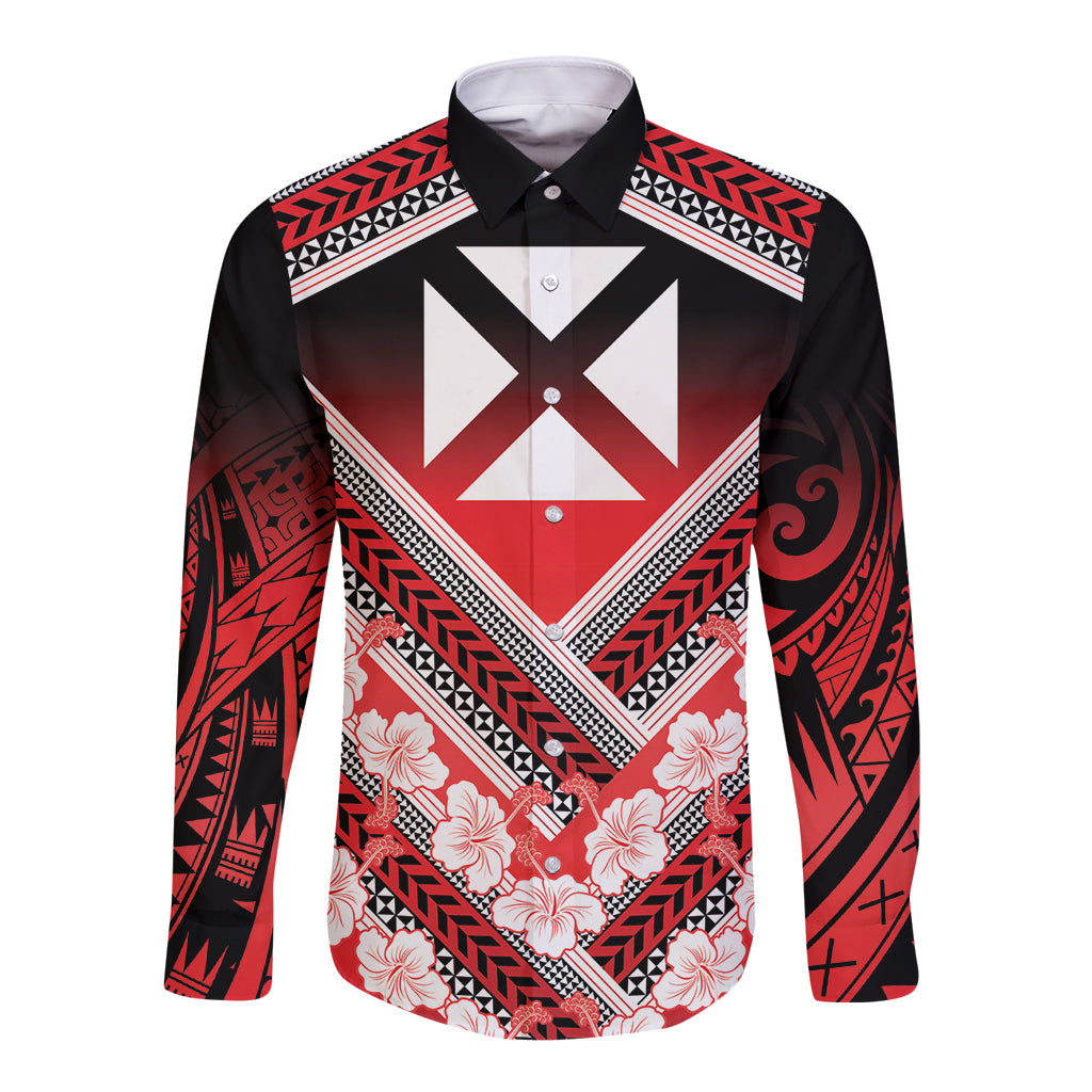 Personalised Wallis et Futuna Long Sleeve Button Shirt Hibiscus and Polynesian Tribal Tattoos