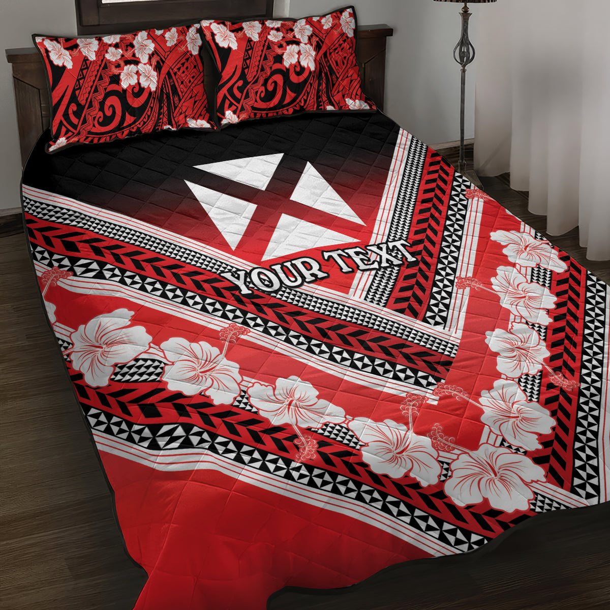 Personalised Wallis et Futuna Quilt Bed Set Hibiscus and Polynesian Tribal Tattoos