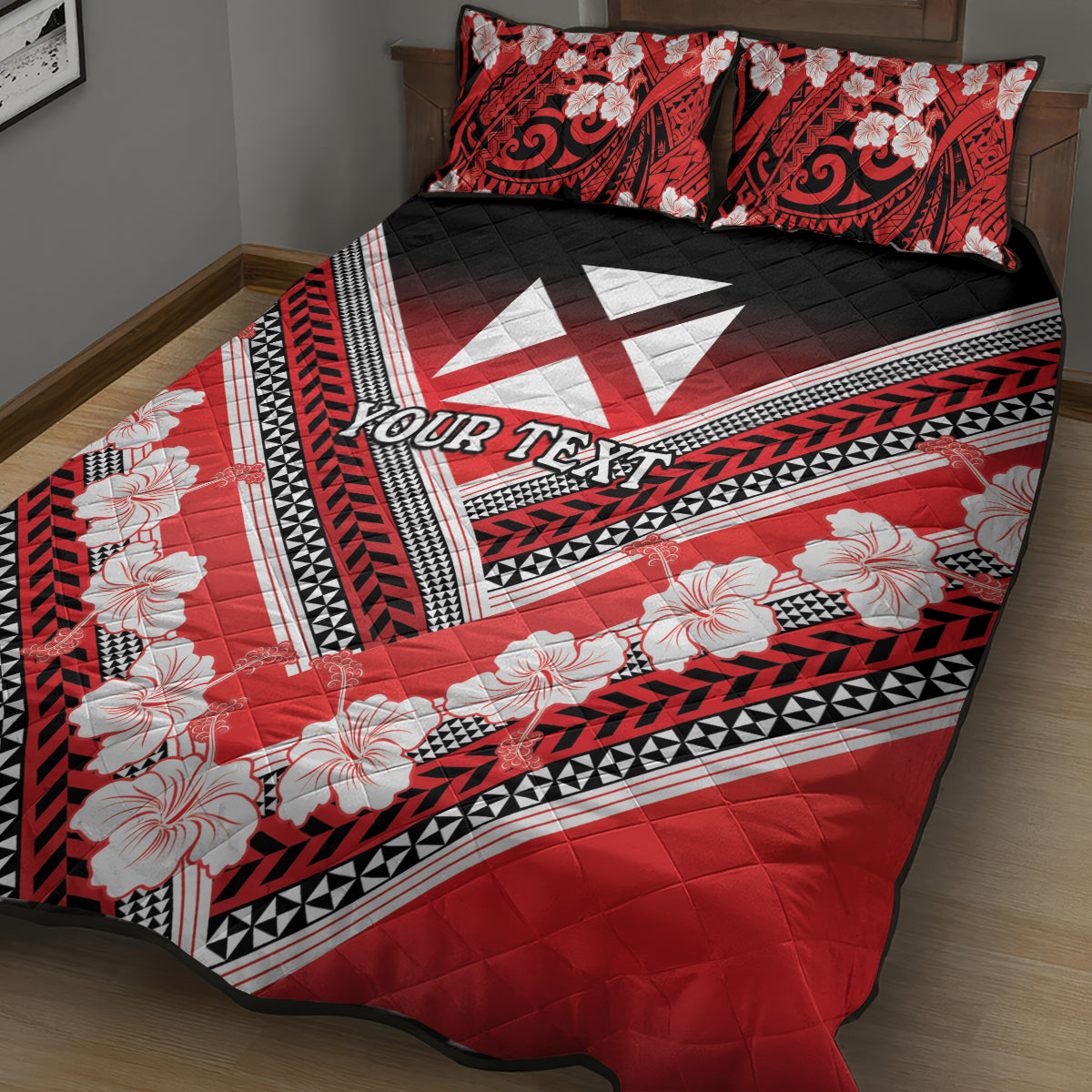 Personalised Wallis et Futuna Quilt Bed Set Hibiscus and Polynesian Tribal Tattoos