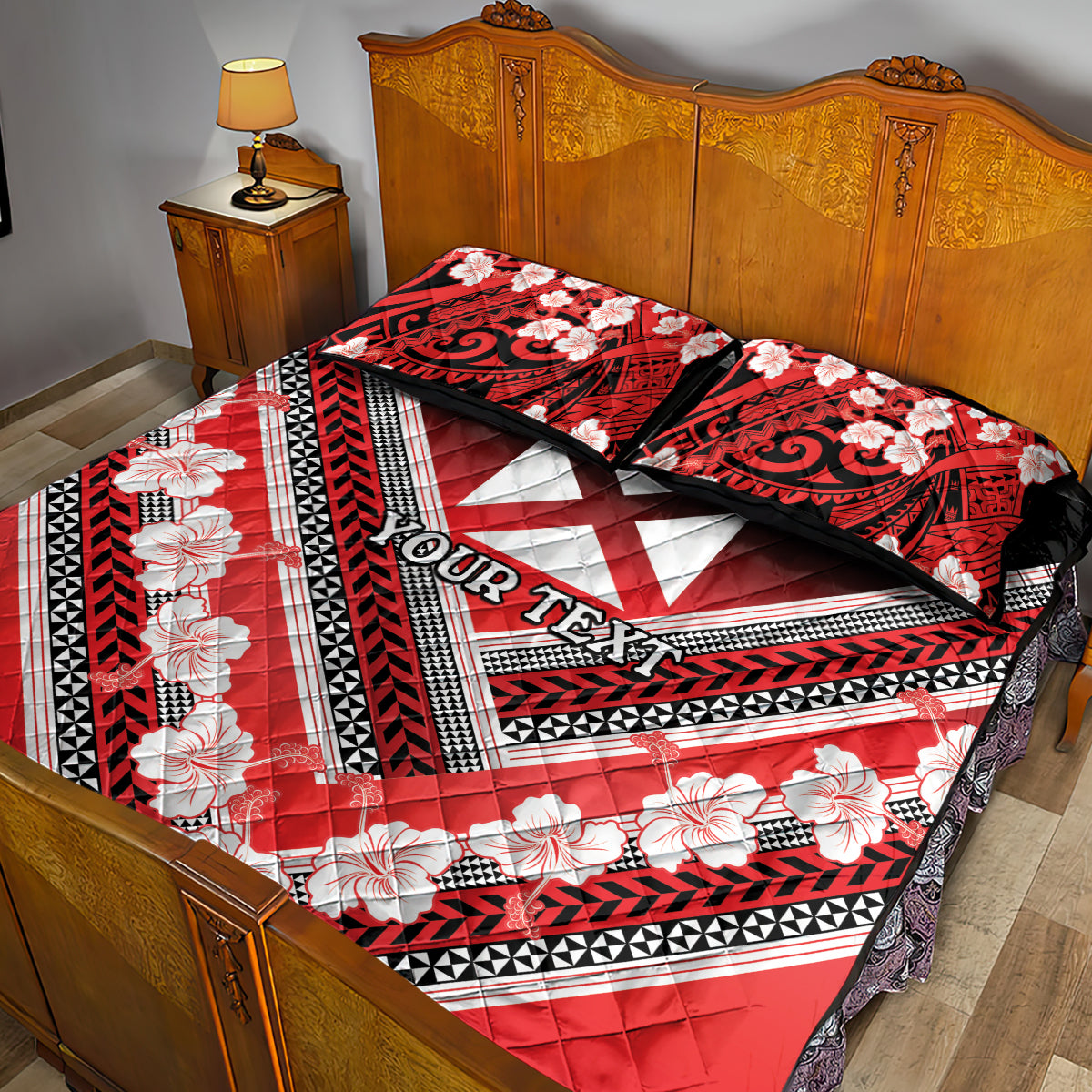 Personalised Wallis et Futuna Quilt Bed Set Hibiscus and Polynesian Tribal Tattoos