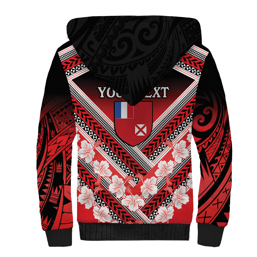 Personalised Wallis et Futuna Sherpa Hoodie Hibiscus and Polynesian Tribal Tattoos