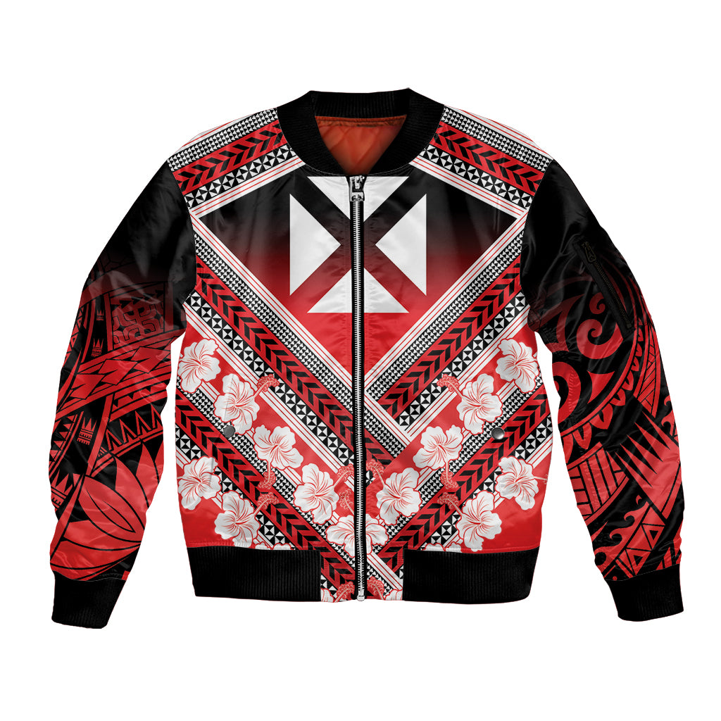 Personalised Wallis et Futuna Sleeve Zip Bomber Jacket Hibiscus and Polynesian Tribal Tattoos
