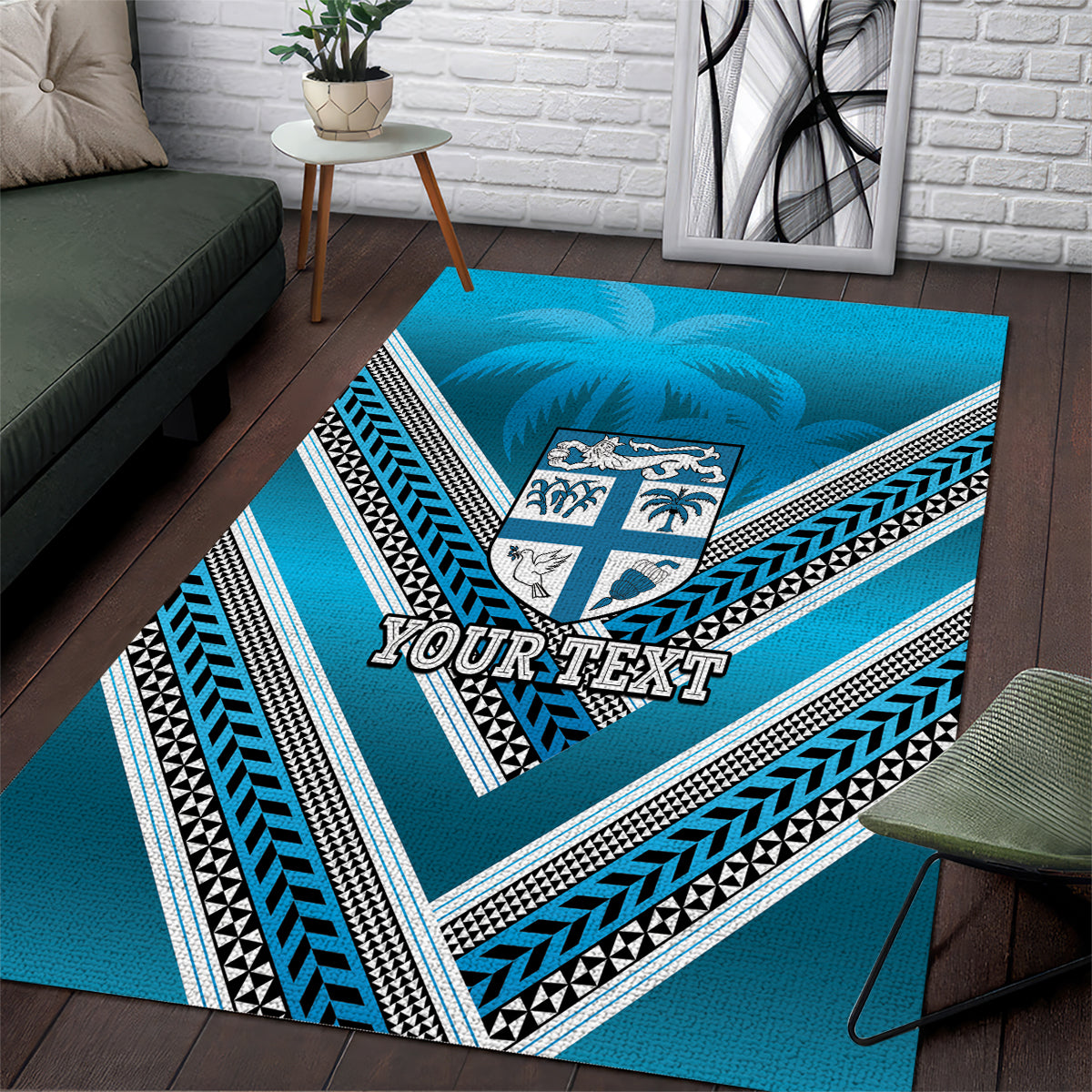 Custom Fiji Rugby Area Rug Fijian Warrior With Polynesian Tribal Tattoos LT9 Blue - Polynesian Pride