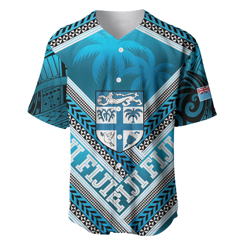 Custom Fiji Rugby Baseball Jersey Fijian Warrior With Polynesian Tribal Tattoos LT9 Blue - Polynesian Pride