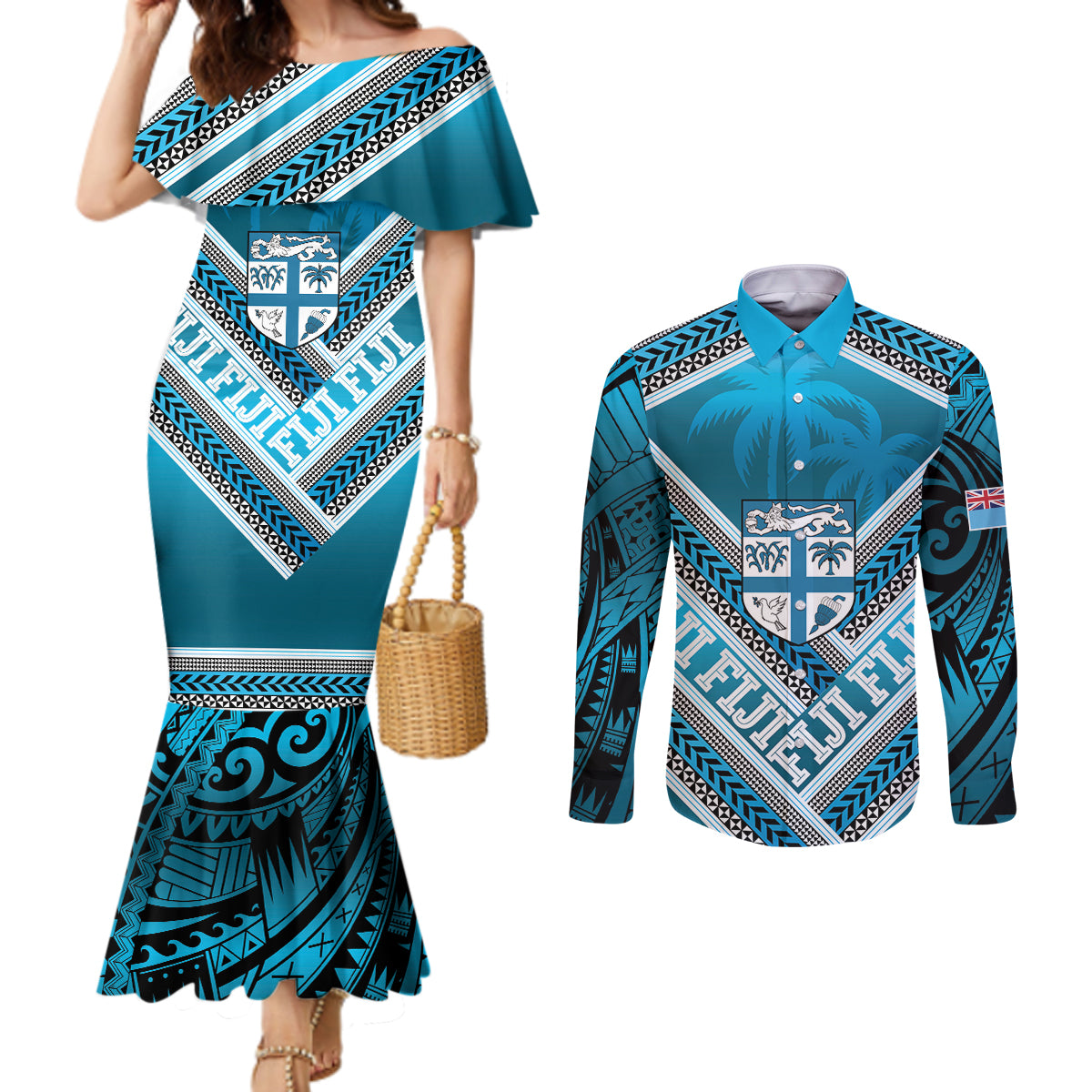 Custom Fiji Rugby Couples Matching Mermaid Dress and Long Sleeve Button Shirt Fijian Warrior With Polynesian Tribal Tattoos