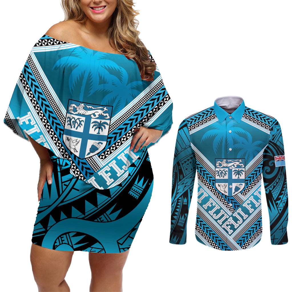 Custom Fiji Rugby Couples Matching Off Shoulder Short Dress and Long Sleeve Button Shirt Fijian Warrior With Polynesian Tribal Tattoos