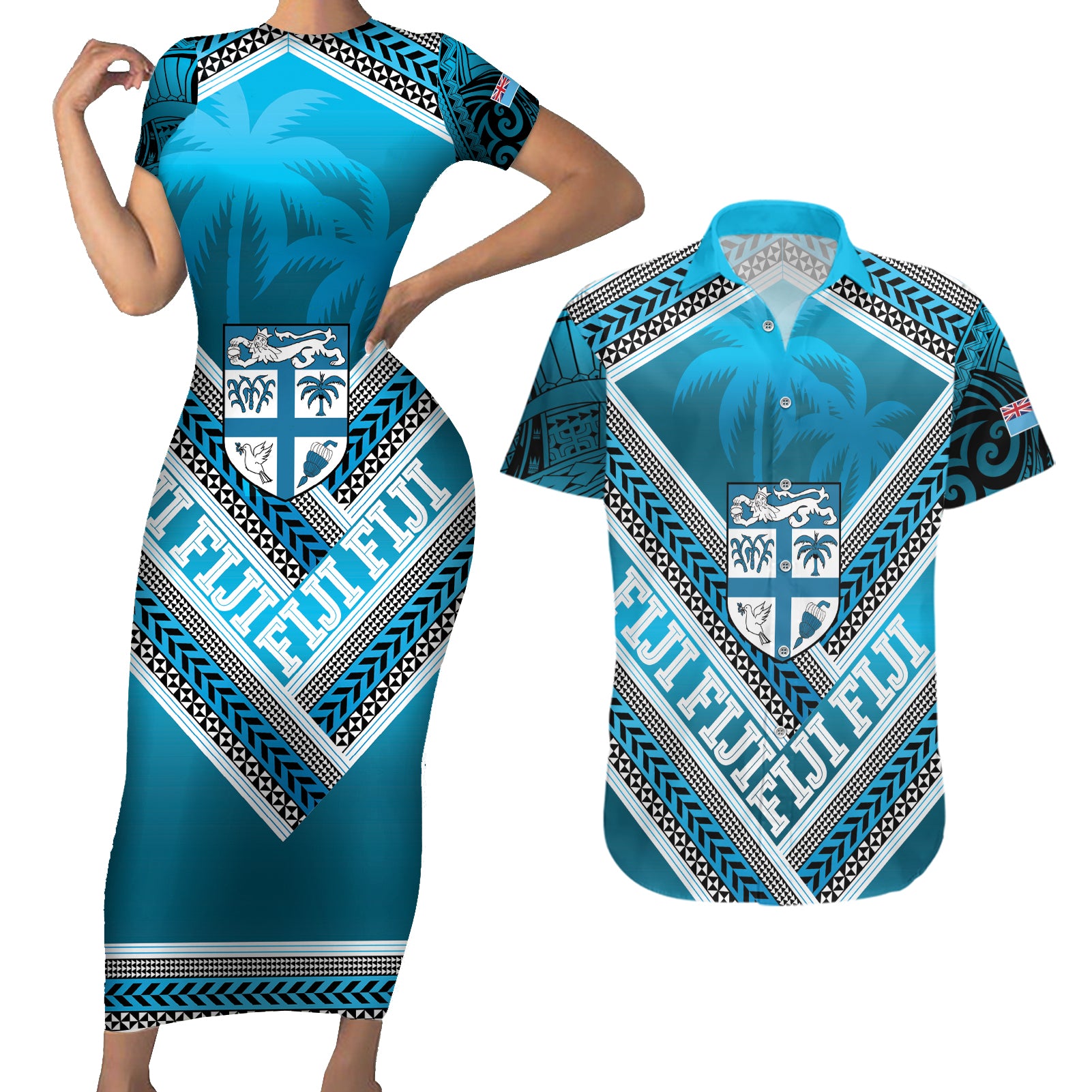 Custom Fiji Rugby Couples Matching Short Sleeve Bodycon Dress and Hawaiian Shirt Fijian Warrior With Polynesian Tribal Tattoos