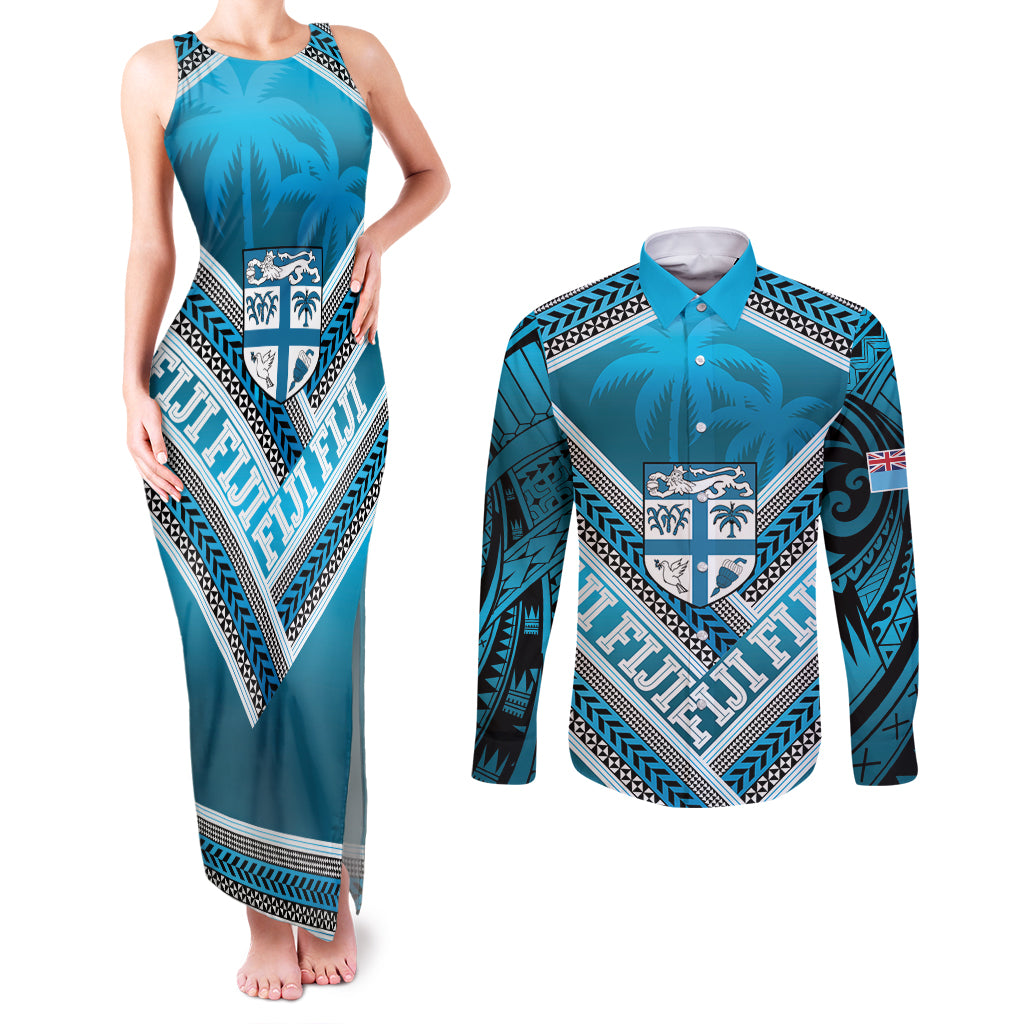 Custom Fiji Rugby Couples Matching Tank Maxi Dress and Long Sleeve Button Shirt Fijian Warrior With Polynesian Tribal Tattoos