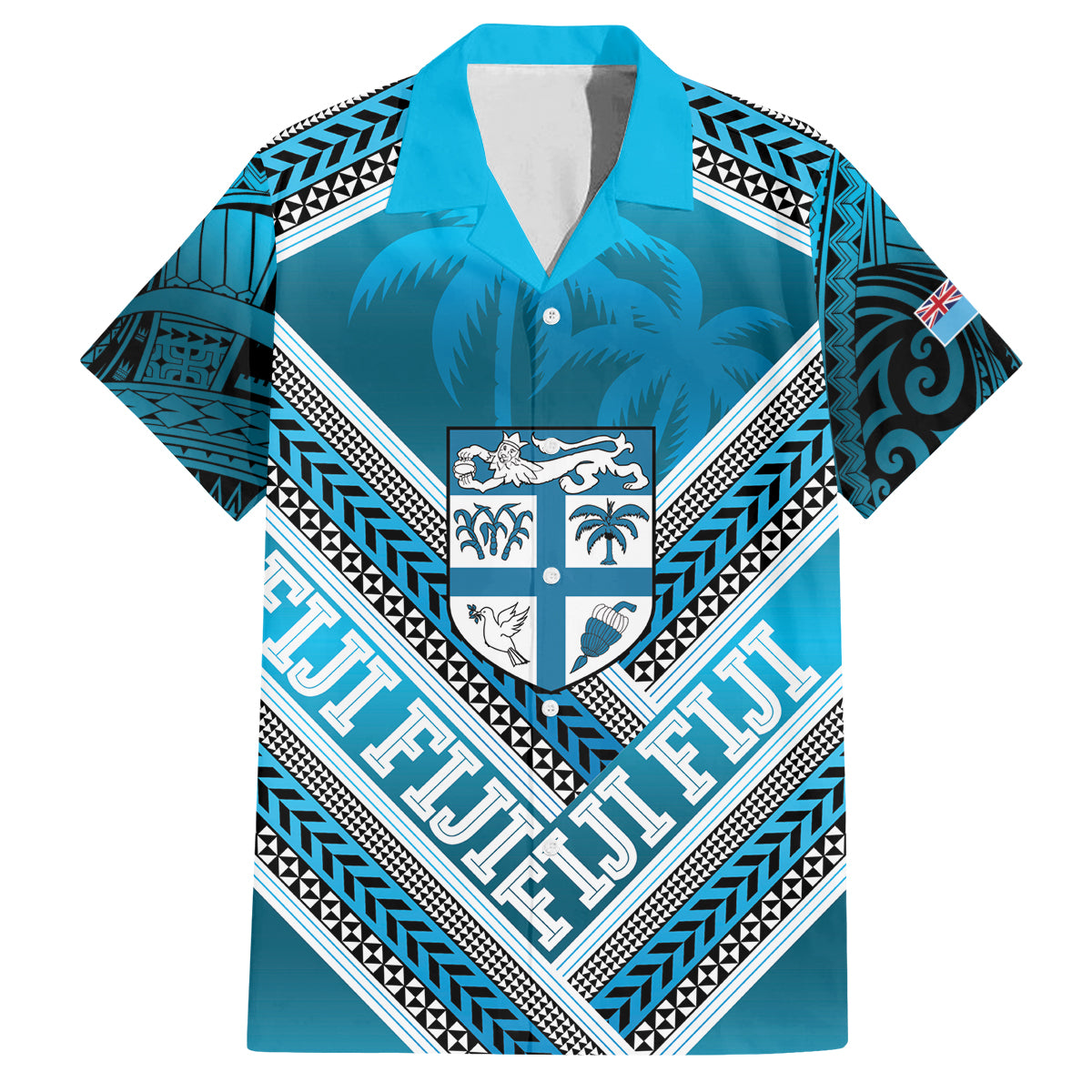 Custom Fiji Rugby Family Matching Puletasi and Hawaiian Shirt Fijian Warrior With Polynesian Tribal Tattoos LT9 Dad's Shirt - Short Sleeve Blue - Polynesian Pride