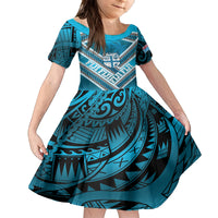 Custom Fiji Rugby Kid Short Sleeve Dress Fijian Warrior With Polynesian Tribal Tattoos LT9 KID Blue - Polynesian Pride