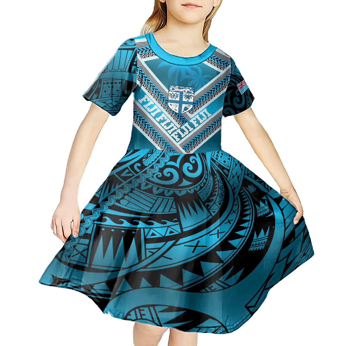 Custom Fiji Rugby Kid Short Sleeve Dress Fijian Warrior With Polynesian Tribal Tattoos LT9 - Polynesian Pride