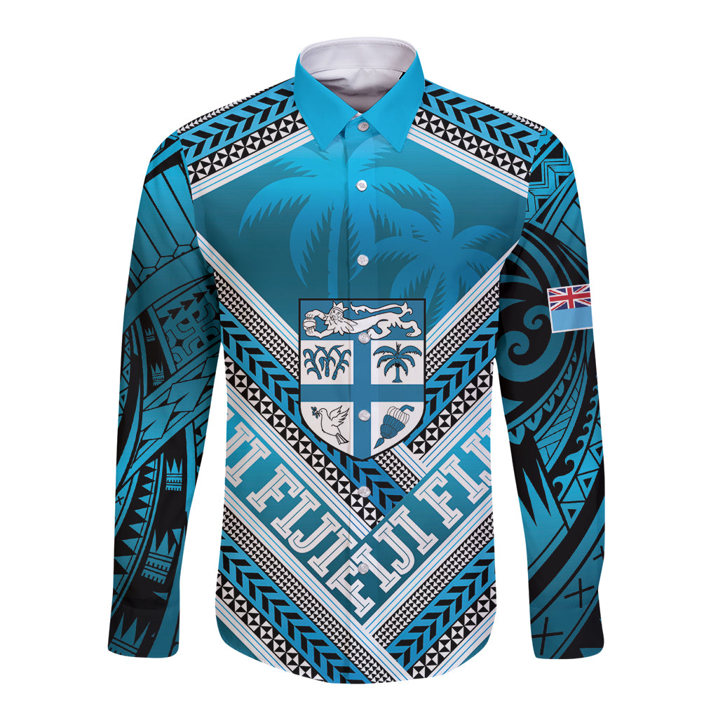 Custom Fiji Rugby Long Sleeve Button Shirt Fijian Warrior With Polynesian Tribal Tattoos LT9 Unisex Blue - Polynesian Pride