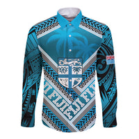Custom Fiji Rugby Long Sleeve Button Shirt Fijian Warrior With Polynesian Tribal Tattoos LT9 Unisex Blue - Polynesian Pride