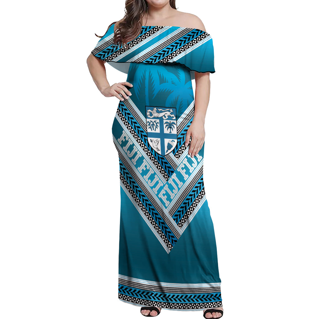 Custom Fiji Rugby Off Shoulder Maxi Dress Fijian Warrior With Polynesian Tribal Tattoos