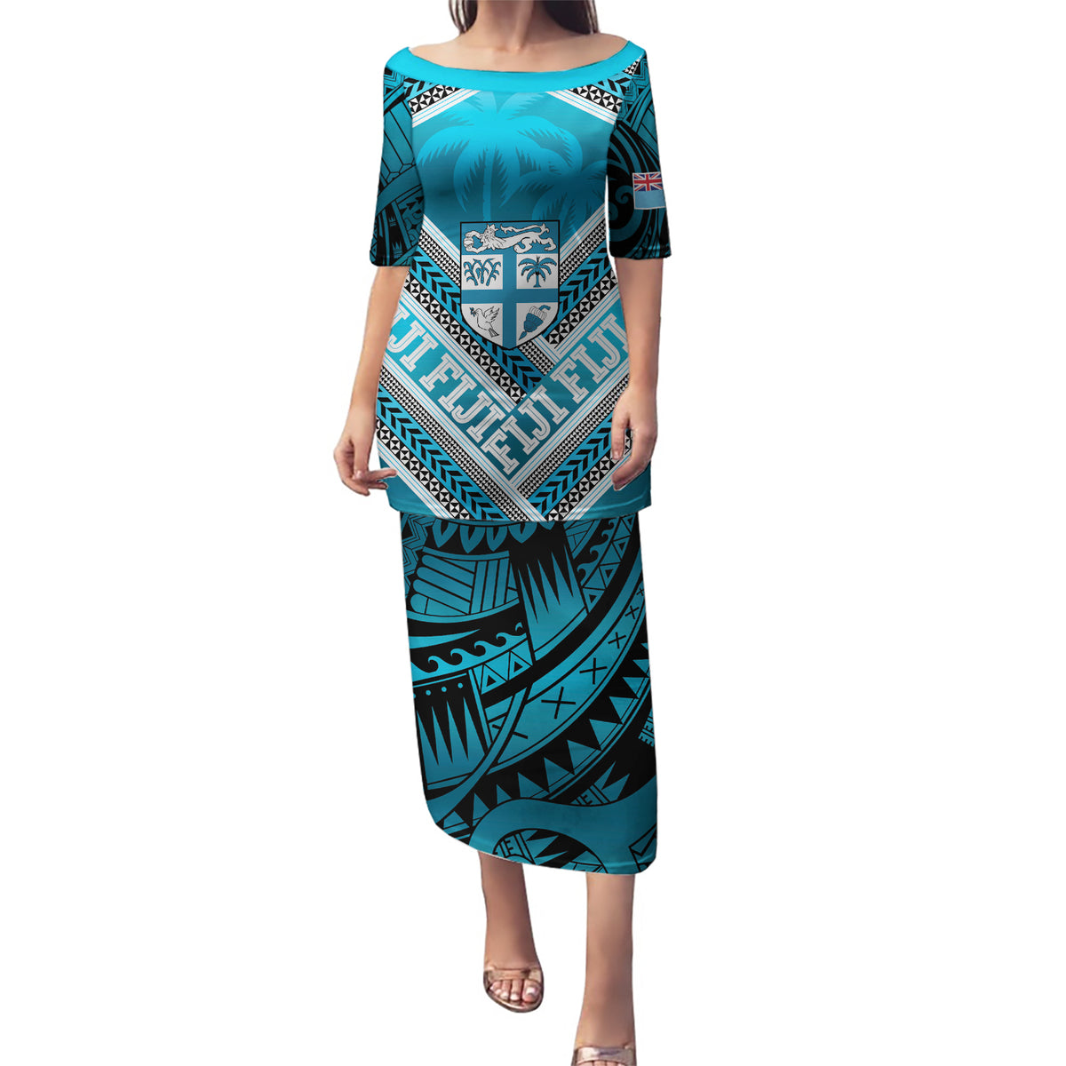 Custom Fiji Rugby Puletasi Fijian Warrior With Polynesian Tribal Tattoos LT9 Long Dress Blue - Polynesian Pride