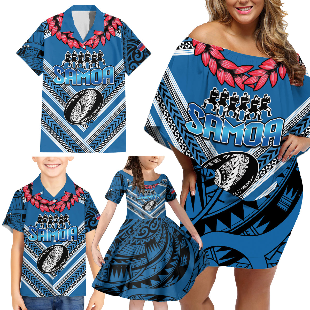 Custom Manuma Samoa Rugby Family Matching Off Shoulder Short Dress and Hawaiian Shirt Ula fala Samoan Siva Tau Tribal