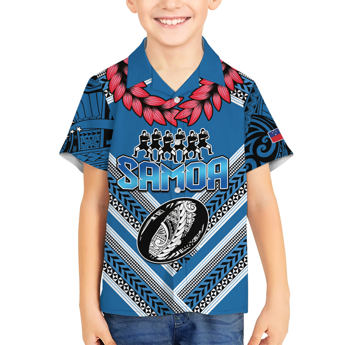 Custom Manuma Samoa Rugby Kid Hawaiian Shirt Ula fala Samoan Siva Tau Tribal LT9 Kid Blue - Polynesian Pride