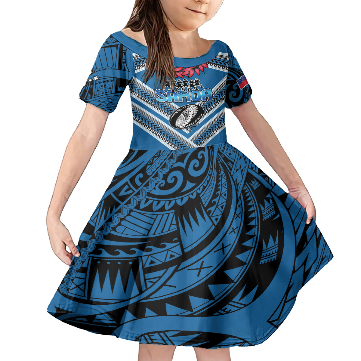 Custom Manuma Samoa Rugby Kid Short Sleeve Dress Ula fala Samoan Siva Tau Tribal LT9 KID Blue - Polynesian Pride