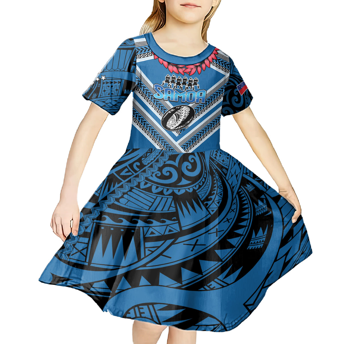 Custom Manuma Samoa Rugby Kid Short Sleeve Dress Ula fala Samoan Siva Tau Tribal LT9 - Polynesian Pride