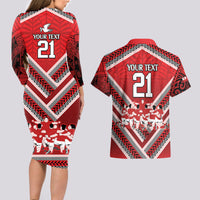 Custom Tonga Rugby Couples Matching Long Sleeve Bodycon Dress and Hawaiian Shirt Tonga Sipi Tau Ngatu Tribal Pattern