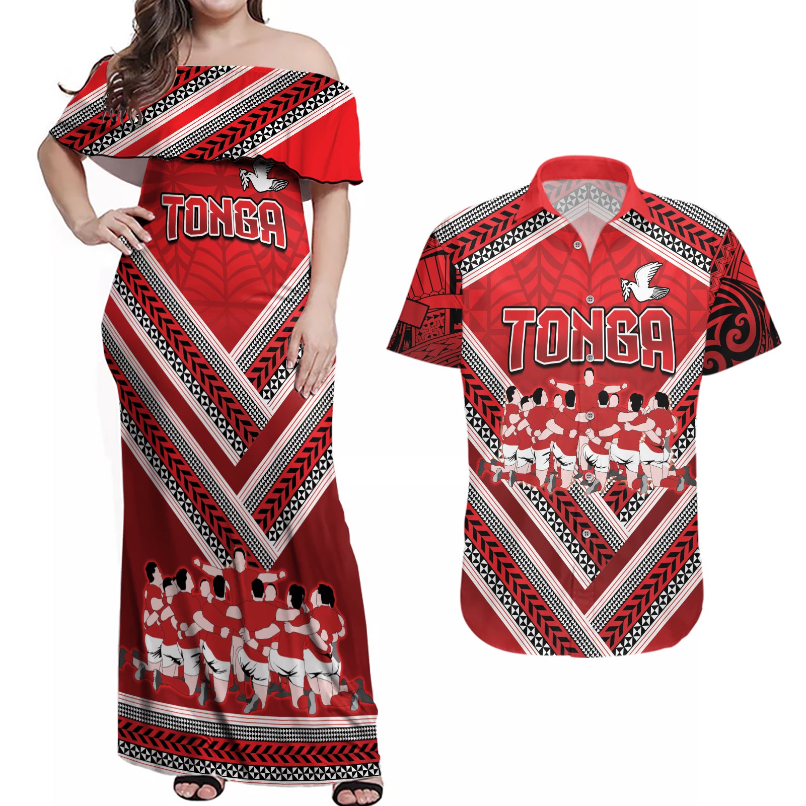 Custom Tonga Rugby Couples Matching Off Shoulder Maxi Dress and Hawaiian Shirt Tonga Sipi Tau Ngatu Tribal Pattern