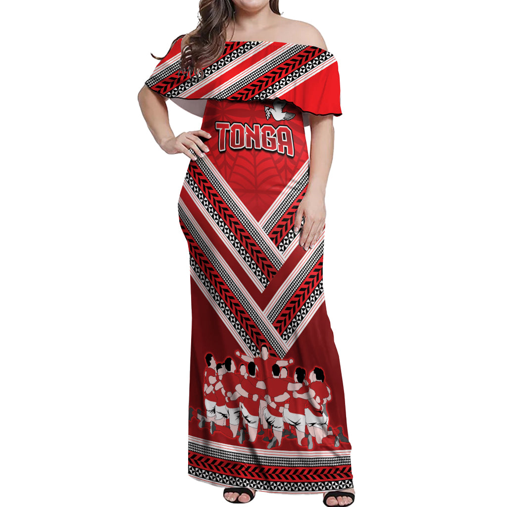 Custom Tonga Rugby Off Shoulder Maxi Dress Tonga Sipi Tau Ngatu Tribal Pattern