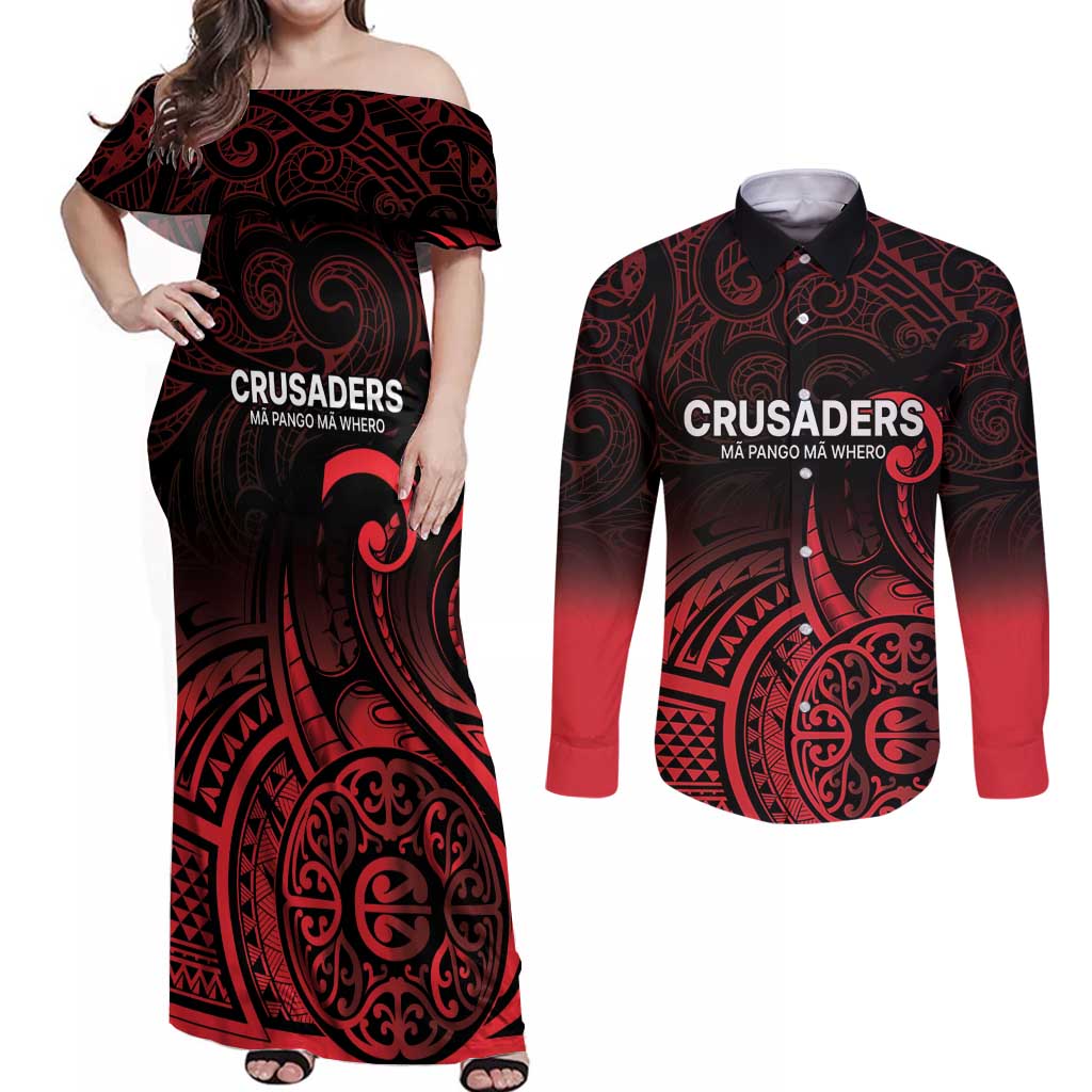 New Zealand Rugby Pacific Custom Couples Matching Off Shoulder Maxi Dress and Long Sleeve Button Shirt Whatumoana Maori Tribal Tattoo