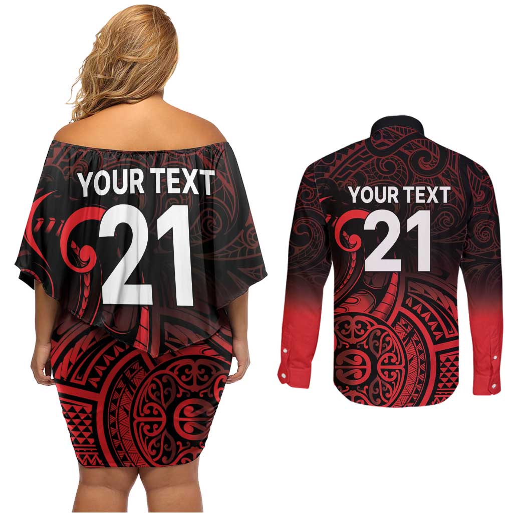 New Zealand Rugby Pacific Custom Couples Matching Off Shoulder Short Dress and Long Sleeve Button Shirt Whatumoana Maori Tribal Tattoo
