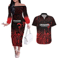 New Zealand Rugby Pacific Custom Couples Matching Off The Shoulder Long Sleeve Dress and Hawaiian Shirt Whatumoana Maori Tribal Tattoo