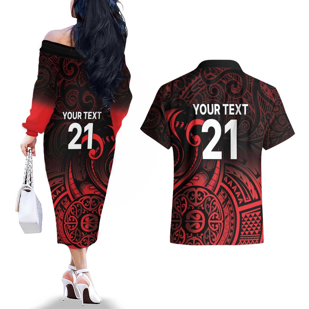 New Zealand Rugby Pacific Custom Couples Matching Off The Shoulder Long Sleeve Dress and Hawaiian Shirt Whatumoana Maori Tribal Tattoo