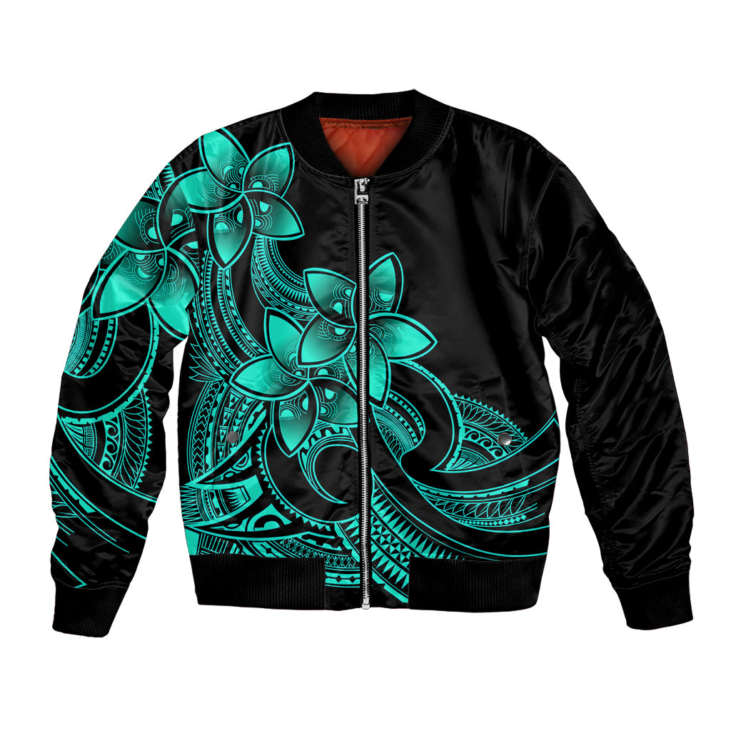 Polynesian Pride Plumeria Flowers Bomber Jacket Polynesian Tribal Aqua Vibe LT9 Unisex Aqua - Polynesian Pride