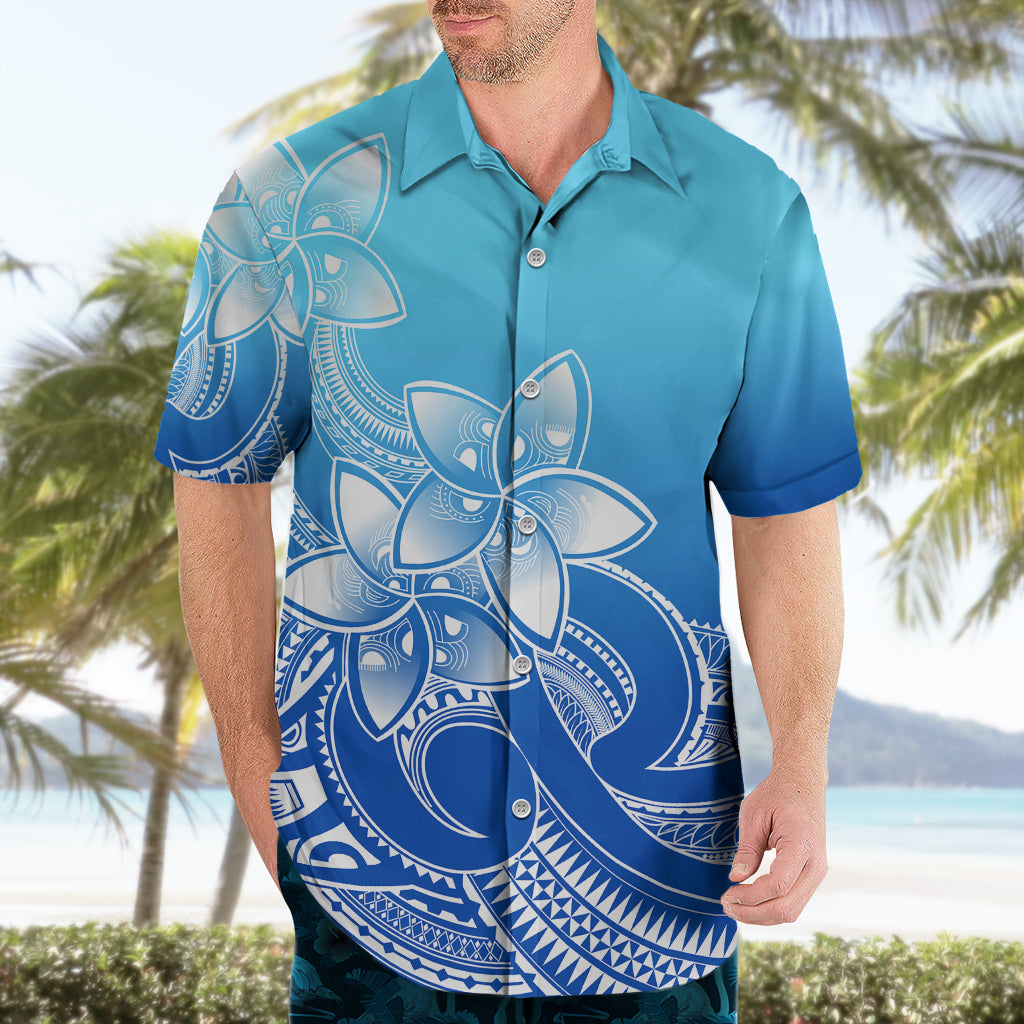 Polynesian Pride Plumeria Flowers Hawaiian Shirt Polynesian Tribal Gradient Blue LT9 - Polynesian Pride
