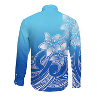 Polynesian Pride Plumeria Flowers Long Sleeve Button Shirt Polynesian Tribal Gradient Blue LT9 - Polynesian Pride