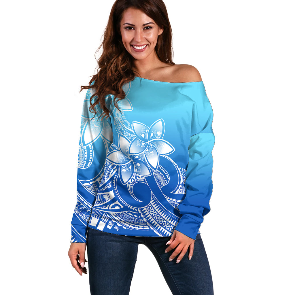 Polynesian Pride Plumeria Flowers Off Shoulder Sweater Polynesian Tribal Gradient Blue LT9 Women Blue - Polynesian Pride