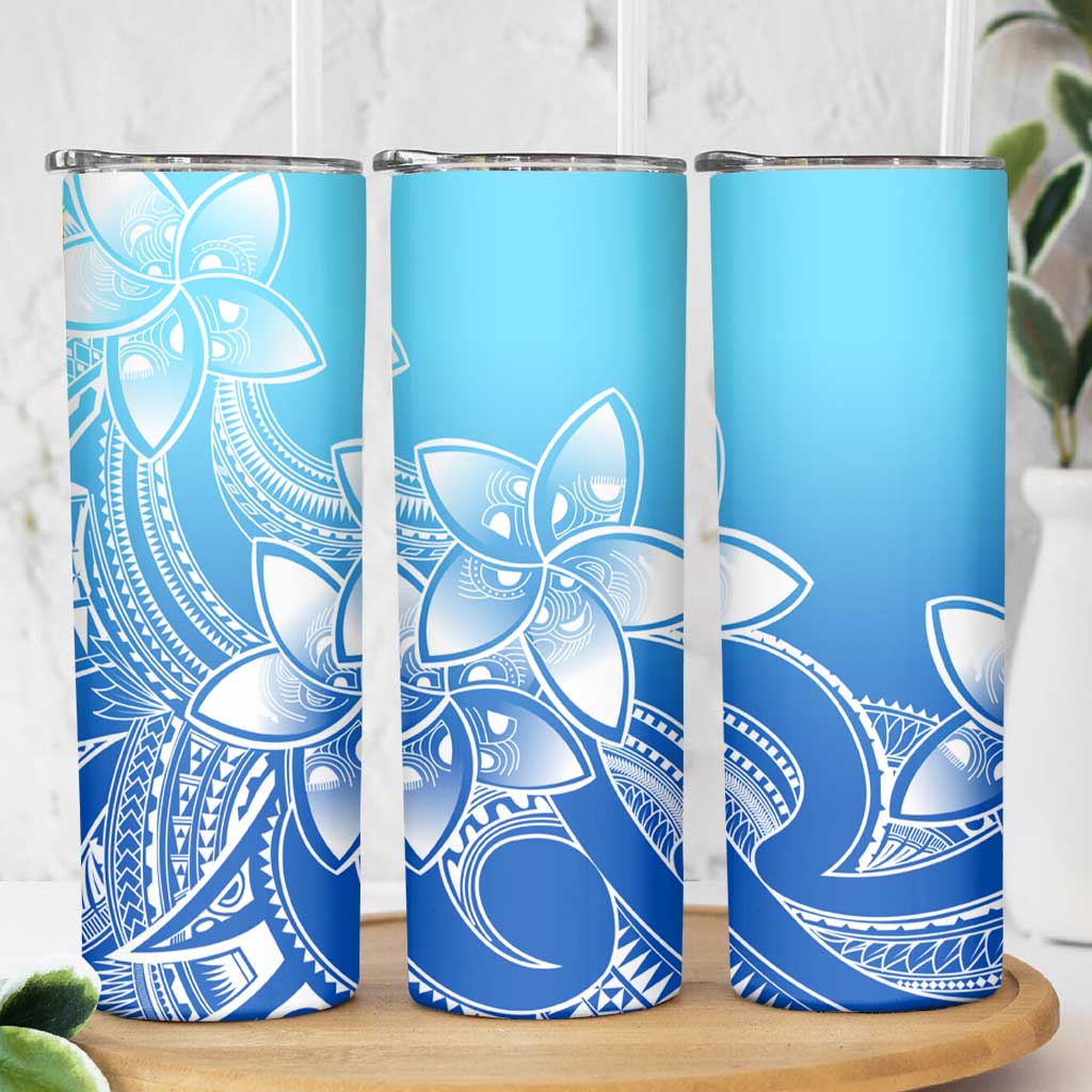 Polynesian Tribal Plumeria Flowers Skinny Tumbler Gradient Blue Vibe