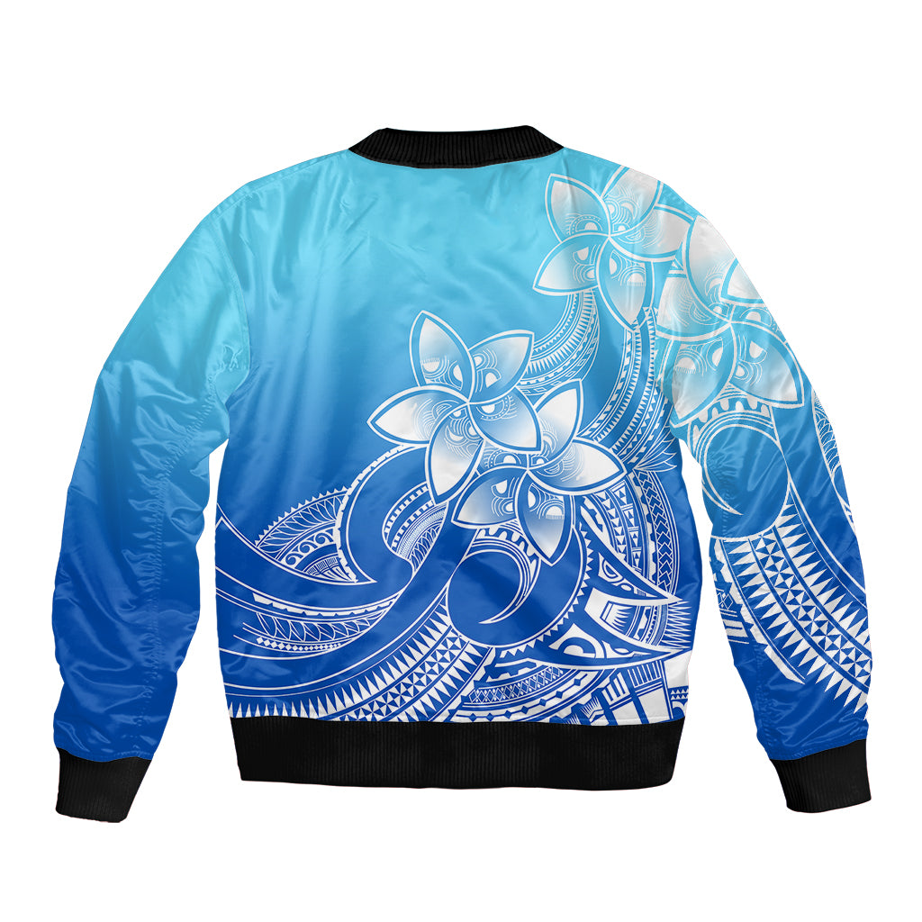 Polynesian Pride Plumeria Flowers Sleeve Zip Bomber Jacket Polynesian Tribal Gradient Blue LT9 - Polynesian Pride
