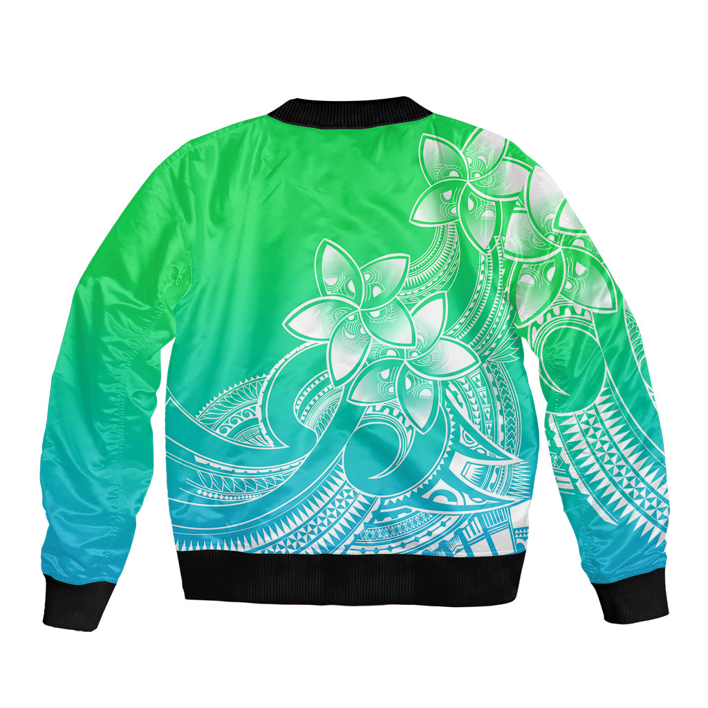 Polynesian Pride Plumeria Flowers Bomber Jacket Polynesian Tribal Gradient Green LT9 - Polynesian Pride
