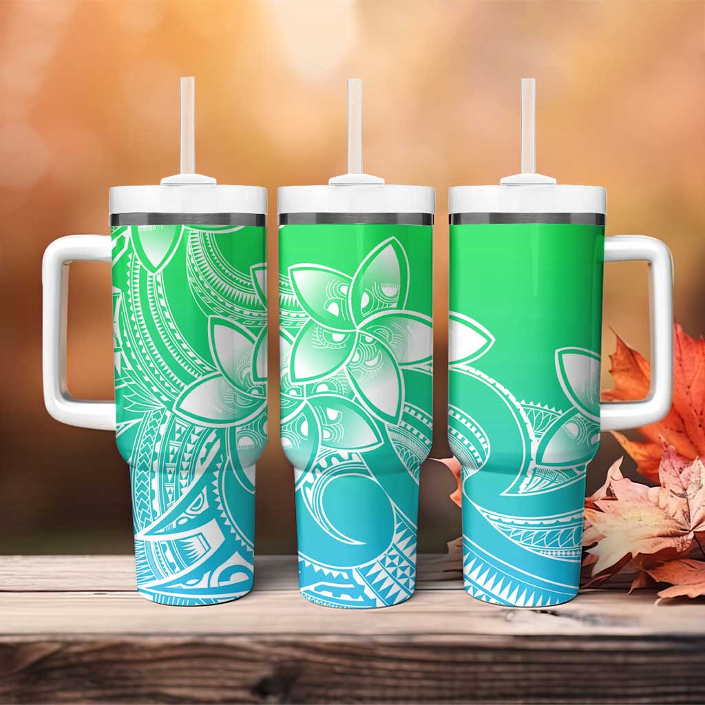 Polynesian Tribal Plumeria Flowers Tumbler With Handle Gradient Green Vibe