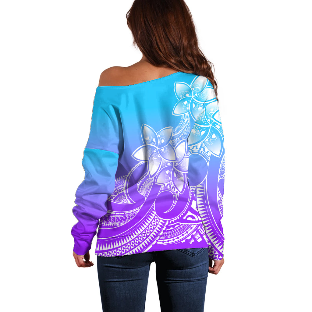 Polynesian Pride Plumeria Flowers Off Shoulder Sweater Polynesian Tribal Gradient Purple LT9 - Polynesian Pride